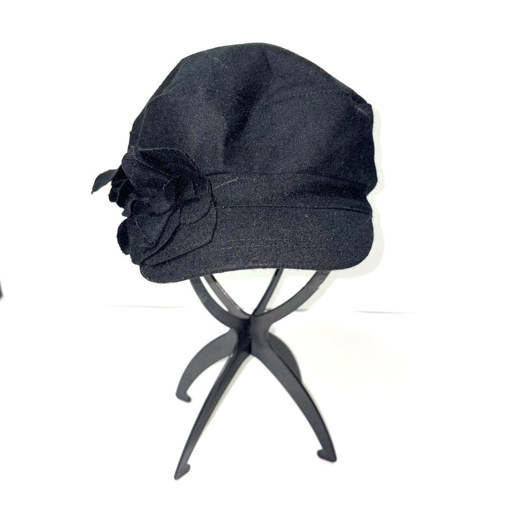 Augusta Black Wool Blend Newsboy Cabbie Baker Boy Cap Hat Floral Accent One Size
